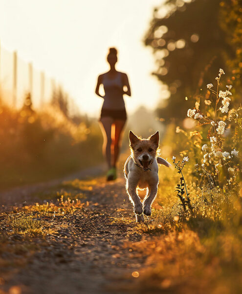 un chien et son maitre qui cours sur un chemin