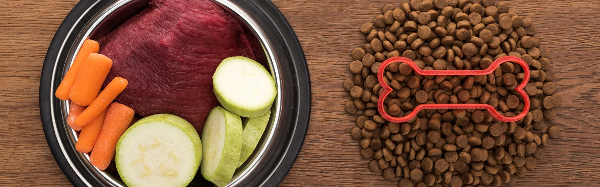 gamelle-aliments-frais-croquettes visuel sur une gamelle de chien avec des aliments frais et des croquettes à coté
